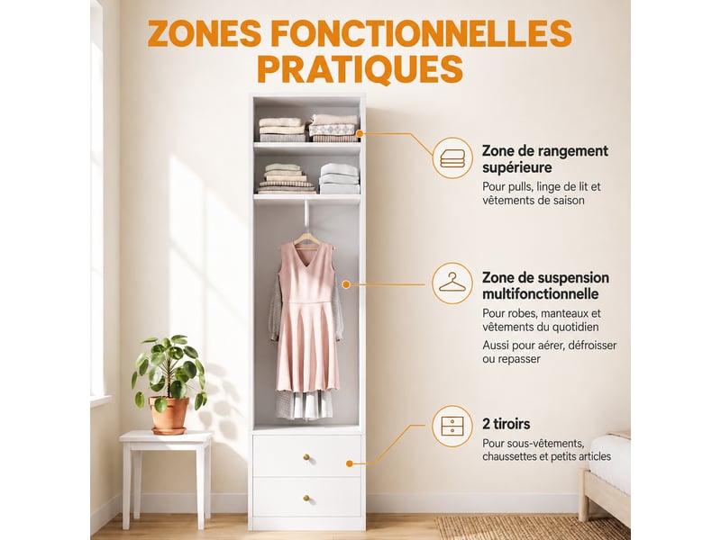  Armoire étroite 50x30x200 cm, penderie ave 2 tiroirs, 1 tringle, 2 compartiments, armoire haute, blanc  - Conforama D