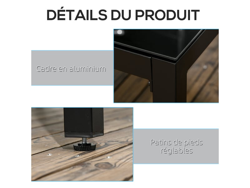 Table de jardin rectangulaire 8 personnes en verre trempé et aluminium noir 180x80x72 cm - Conforama E