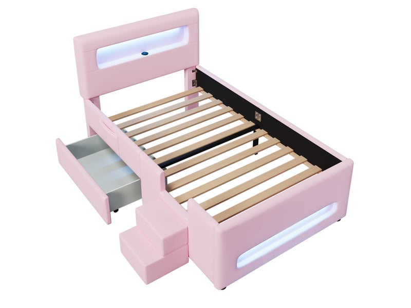  Lit enfant 90x200cm, escaliers, tiroirs, bandeaux led et espace de rangement, design confort, mdf, pu rose sans matelas  - Conforama A