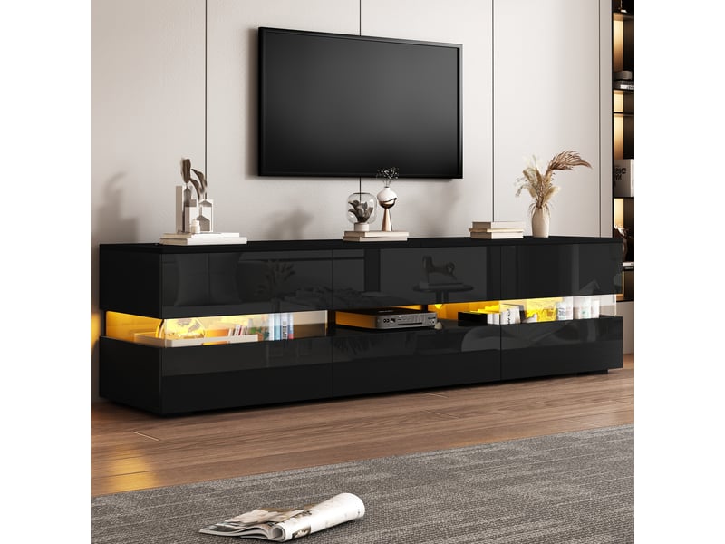  Meuble tv moderne brillant 160x39x45 cm avec éclairage led, 1 tiroir, 2 portes, compartiment ouvert avec insert en verre acrylique  - Conforama B
