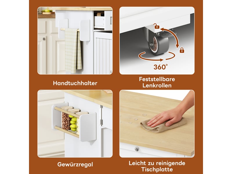 Îlot de cuisine mobile 120 × 4570 × 92 cm en mdf, plateau rabattable, 4 tiroirs, rangements verticaux et roulettes freinées - Conforama E