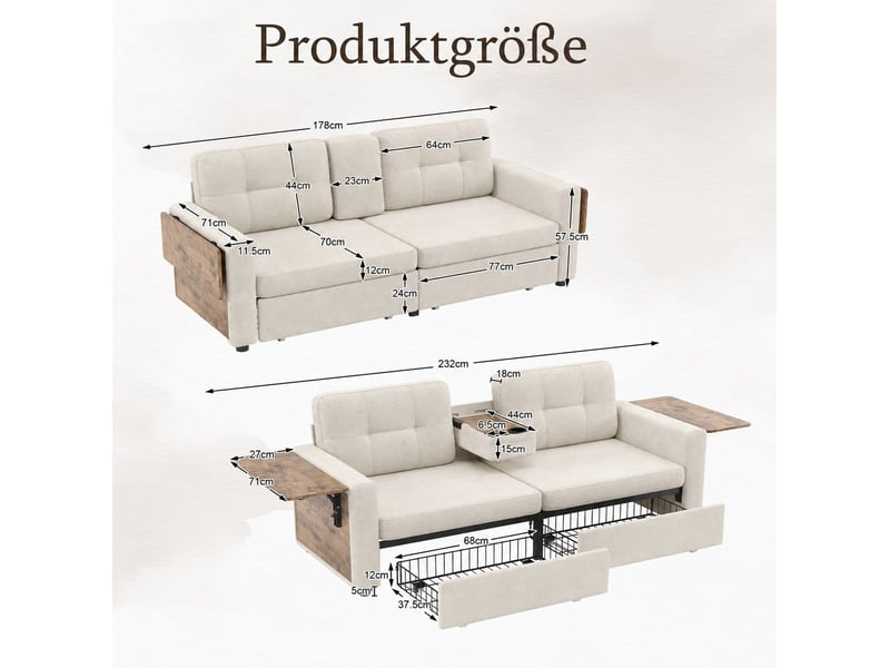  Canapé 2 places avec 2 tiroirs et tables réglables 178x71x57.5 cm beige  - Conforama C