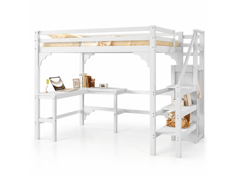  Lit mezzanine 140x200 cm avec bureau en l, armoire ouverte, en pin et mdf, blanc  - Conforama A