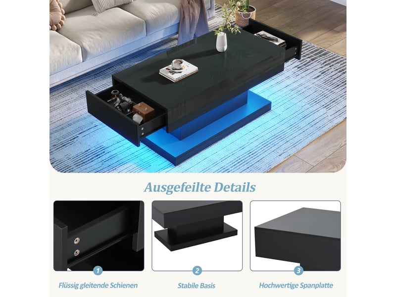 Table basse noire 100x50x45 cm avec 2 tiroirs, led, haute brillance, design épuré pour salon  - Conforama D