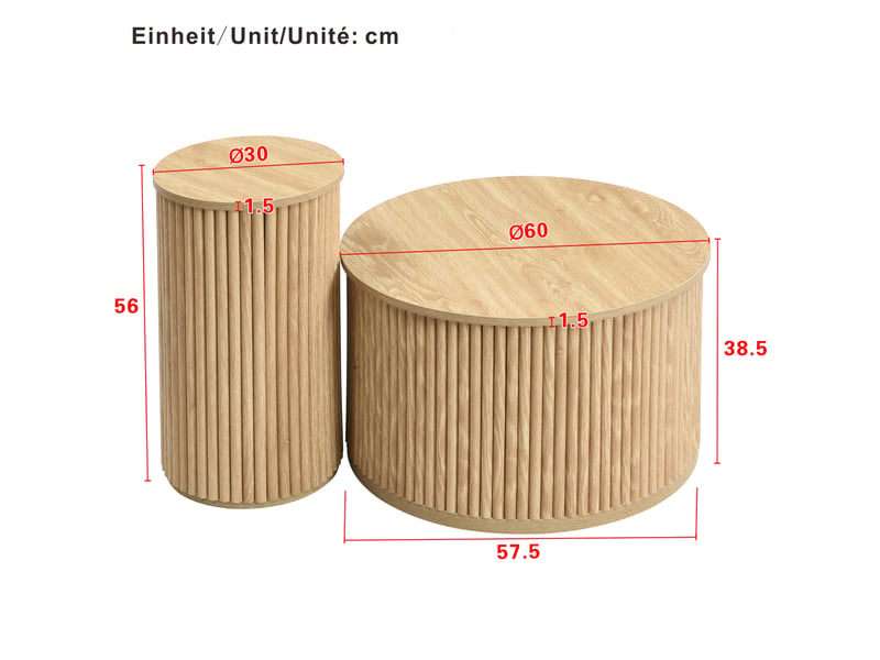  Lot de 2 tables basses rondes 60x60 cm et 30x30 cm, stries verticales, mdf, couleur naturelle  - Conforama C