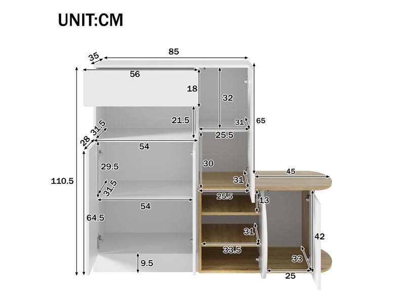  Meuble à chaussures 130x35x110,5 cm avec banc, 1 tiroir, 5 portes, mdf blanc et aspect bois  - Conforama C