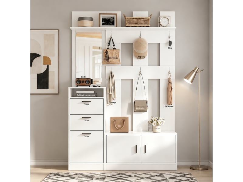  Meuble d’entrée avec miroir et rangement chaussures, 6 patères, 120 x 30 x 180 cm, blanc  - Conforama D