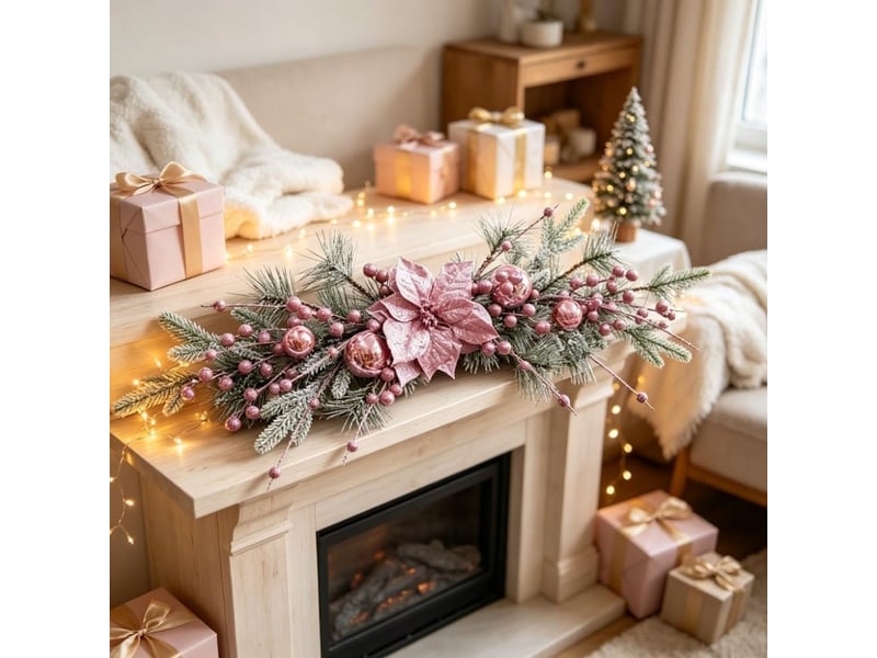  Couronne de noël rose vif 70cm, effet floqué enneigé – décoration de porte et intérieur  - Conforama C