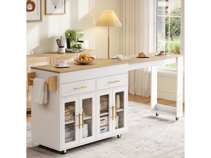  Desserte de cuisine mobile 132,5-217x50x93 cm, table bar extensible, roulettes, portes vitrées, tiroirs, rangement cuisine - blanc  - Conforama B