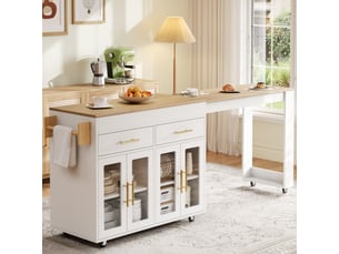 Desserte de cuisine mobile 132,5-217x50x93 cm, table bar extensible, roulettes, portes vitrées, tiroirs, rangement cuisine - blanc
