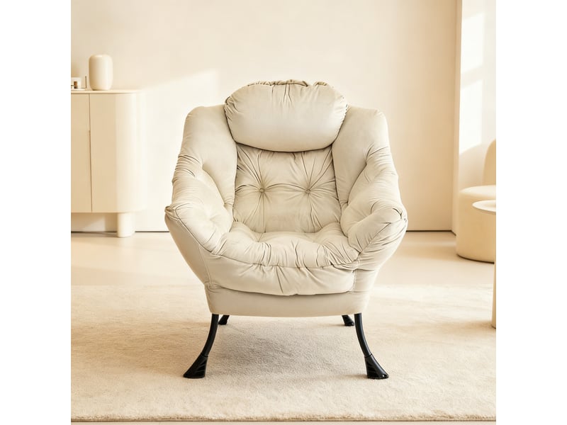  Fauteuil lounge avec repose-pieds 72x62x96cm – fauteuil relax de salon avec poche latérale et structure en métal – tissu velours - beige  - Conforama E