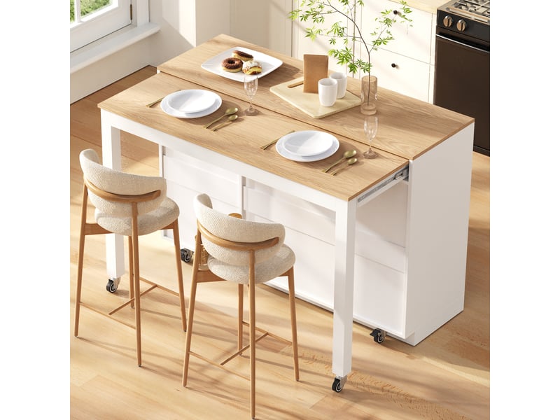 Îlot de cuisine blanc sur roulettes muvano avec plan de travail effet bois, 3 tiroirs et 2 portes - Conforama C