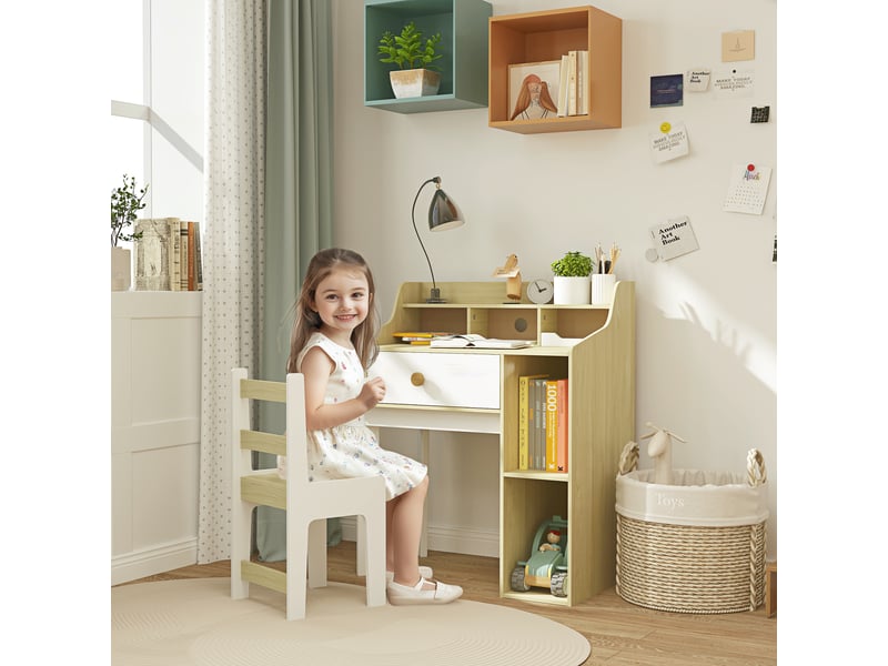  Bureau enfant avec chaise blanc et bois 80,4 x 50 x 96 cm avec rangement et tiroir  - Conforama C