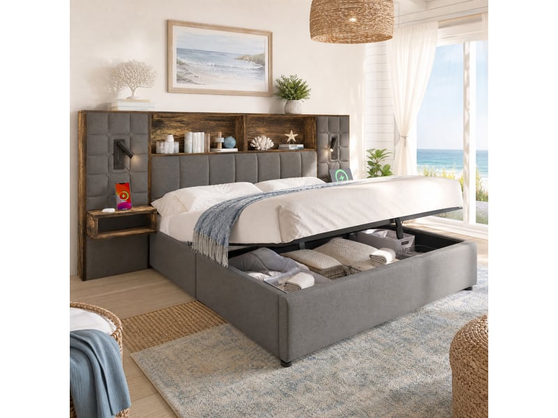  Lit coffre 160 x 200 cm gris en lin avec led, liseuses, chevets et ports usbusb-c  - Conforama C