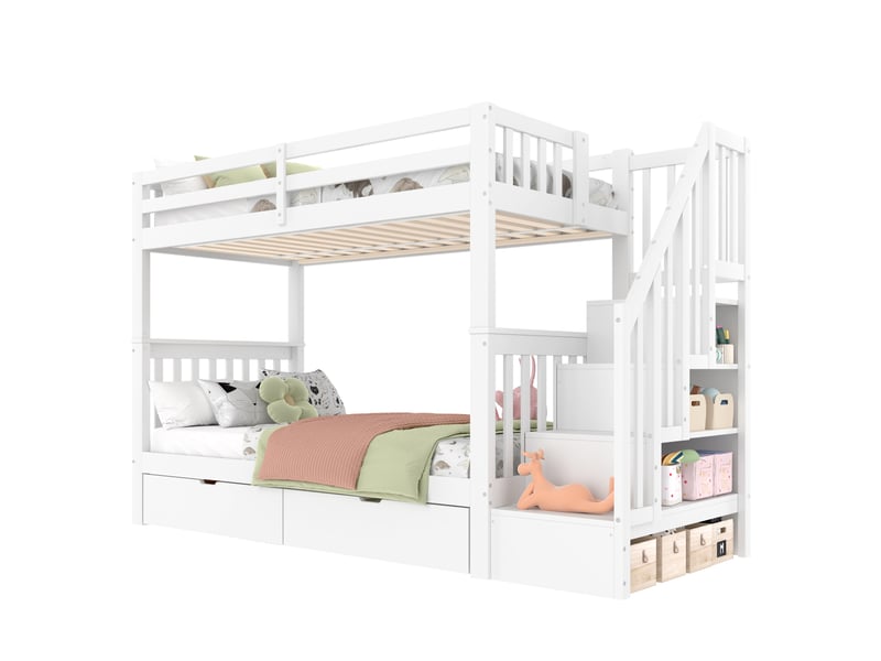 Lit superposé blanc pour enfant 90x200 cm avec escalier de rangement, deux tiroirs pratiques et barrières hautes de sécurité - Conforama A
