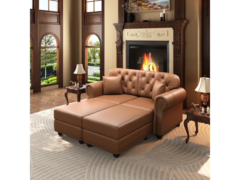  Canapé chesterfield 2 places + 2 poufs en simili cuir marron, 160 cm Fay Lum - Conforama B