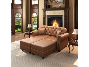 Canapé chesterfield 2 places + 2 poufs en simili cuir marron, 160 cm