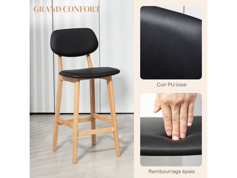  Lot de 2 tabourets de bar, chaises hautes, revêtement synthétique avec dossier et pieds en bois, noir  - Conforama E