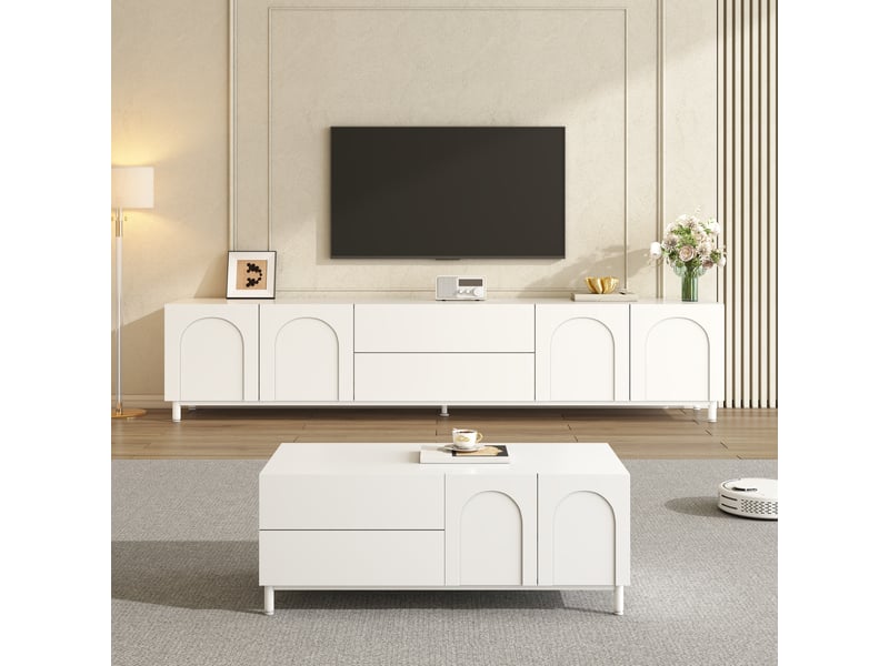  Ensemble meuble tv et table basse, avec 6 portes, 4 tiroirs et pieds en acier, pour salon, blanc  - Conforama B