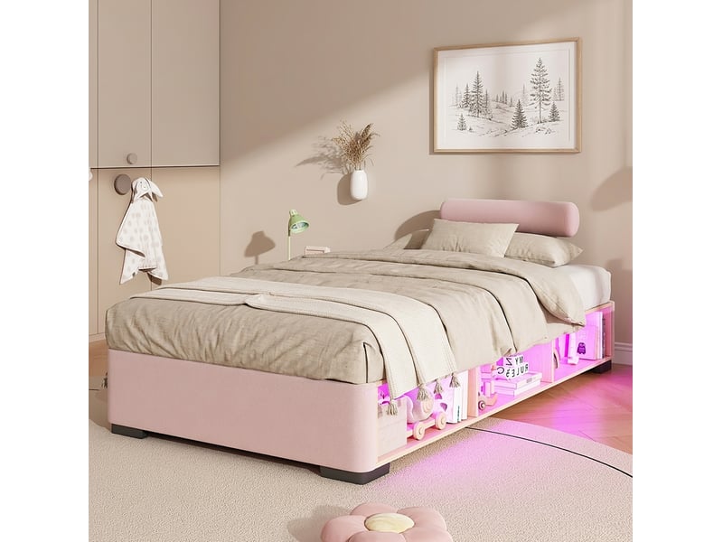  Lit enfant 90x200 cm rose avec rangement latéral ouvert et led intégrée  - Conforama D