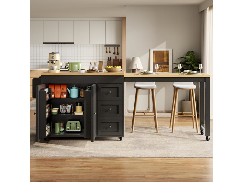 Îlot de cuisine extensible 116x45x89 cm, meuble cuisine, avec 3 tiroirs et roulettes, structure en mdf, couleur noir - Conforama D