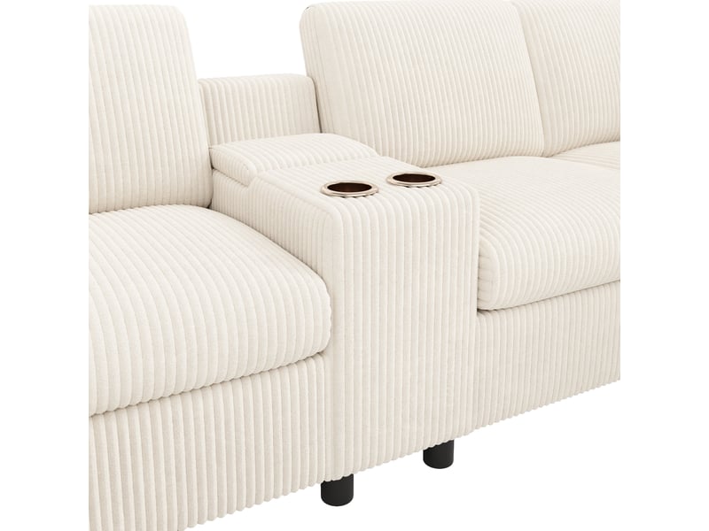  Canapé en u beige en velours côtelé avec coffre intégré, 2 poufs et table basse, 315x135x81 cm  - Conforama W