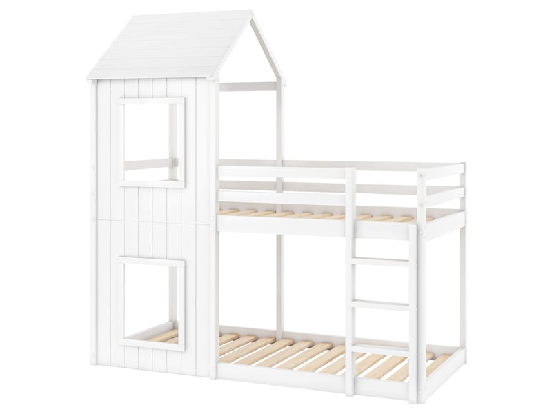  Lit superposé 90 x 200 cm, lit enfant, lit cabane pour filles et garçons, avec échelle et baldaquin, du sol au plafond, en bois massif, blanc  - Conforama E