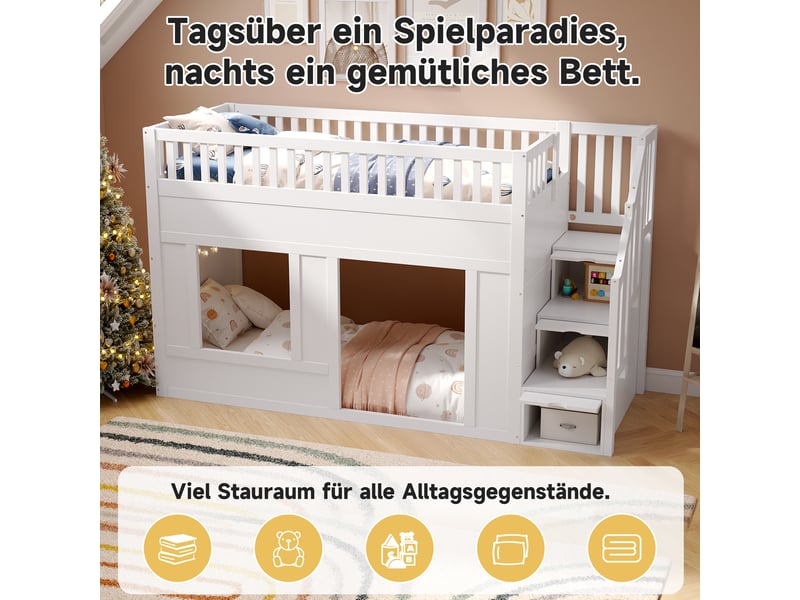  Lit mezzanine enfant multifonction 90x200 cm avec escalier de rangement et espace de jeu en dessous blanc  - Conforama R