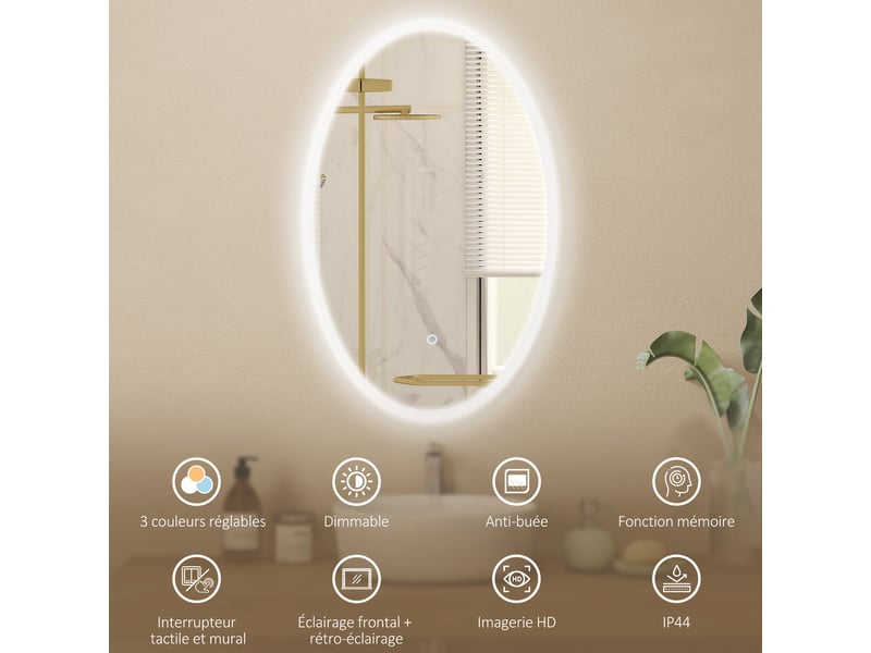  Miroir de salle de bain led ovale sans cadre anti-buée en verre trempé 50x4x80 cm  - Conforama D