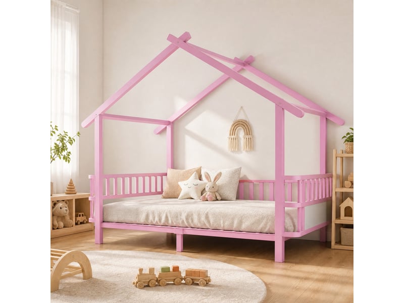  Lit cabane enfant en métal rose 90 x 200 cm avec barrières de sécurité et cadre décoratif  - Conforama B