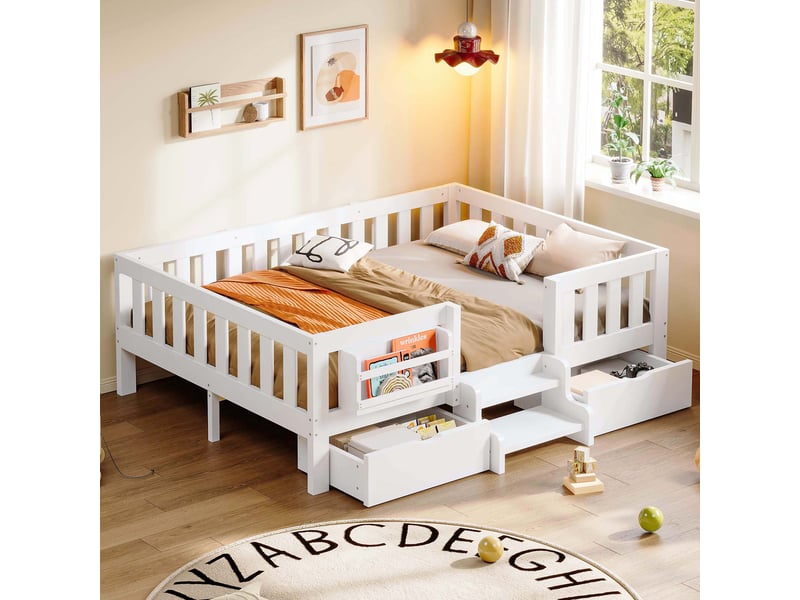  Lit enfant 140x200 cm avec 2 tiroirs, garde-corps, bibliothèque et escalier à 2 marches blanc Fay Lum - Conforama B