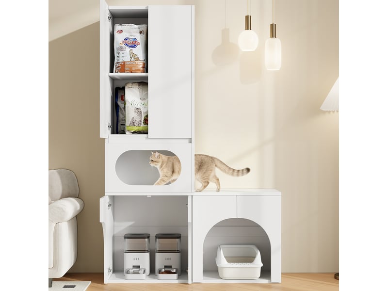 Meuble pour félins 140x45x195 cm – blanc – double espace litière, rangement et coin repos intégré - Conforama E