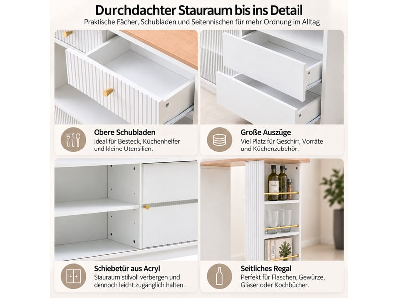  Îlot de cuisine 120x30x100 cm plateau extensible tiroirs portes de rangement éclairage led étagères en verre blanc OPULERANE TRADING LTD - Conforama E