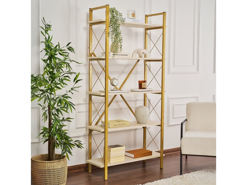 Bibliothèque 5 étagères en métal doré et bois elysian - beige - Conforama B