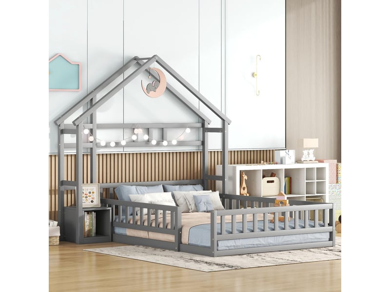 Lit cabane enfant 140x200, lit au sol avec barrière, lit gris avec table de chevet en bois massif pour chambre d'enfant. - Conforama E