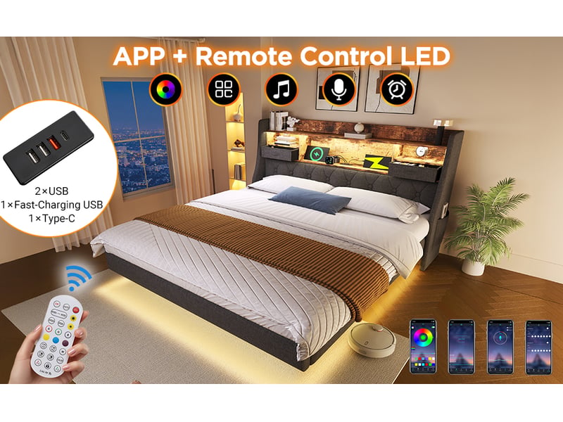  Lit double avec tête de lit 140×190 cm led, usb, type-c et rangement  - sans matelas lin gris  - Conforama E