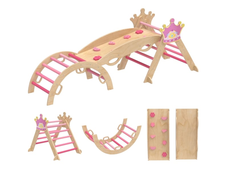  Structure d'escalade intérieure enfant 8 en 1 80 x 42 x 38 cm rose en bois, toboggan et balançoire  - Conforama A