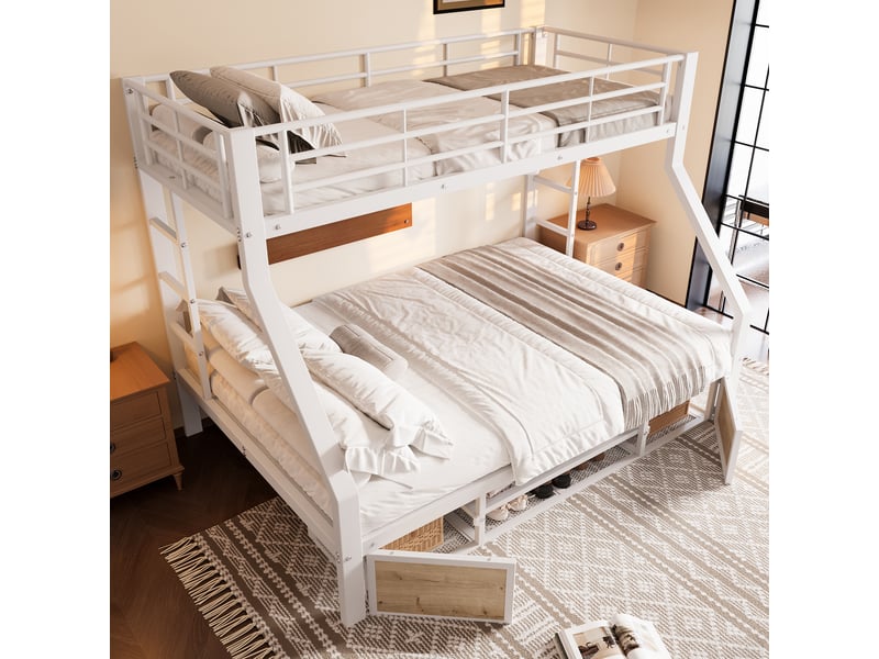  Lit superposé 90x200 et 140x200 en métal, lit enfant avec rangement intégré et échelle, certifié en747, blanc  - Conforama W