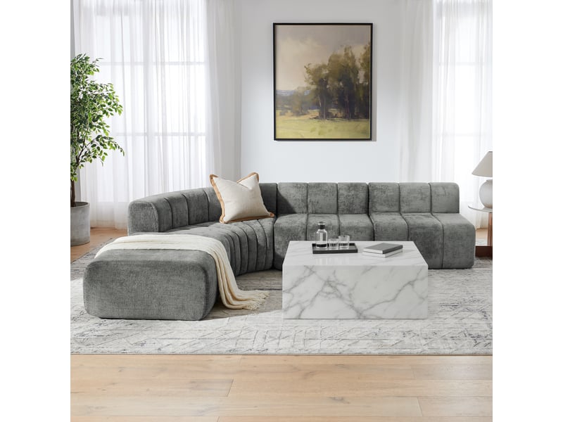 Canapé d'angle modulable 4 places gris en tissu chenille, modules indépendants réorganisables pour salon et espace détente - Conforama E
