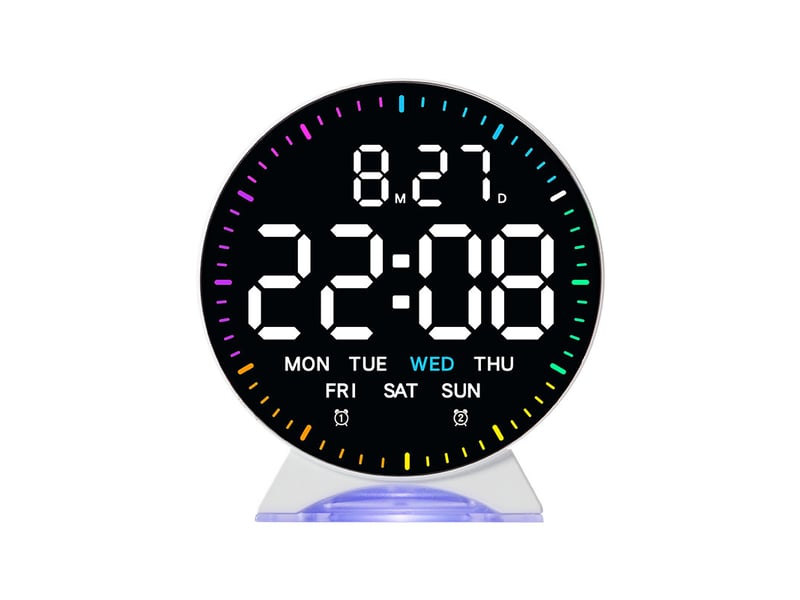  Réveil numérique led avec veilleuse rvb 9 couleurs, snooze, date, semaine, luminosité réglable, format 1224h, doubles alarmes pour table de nuit  - Conforama A