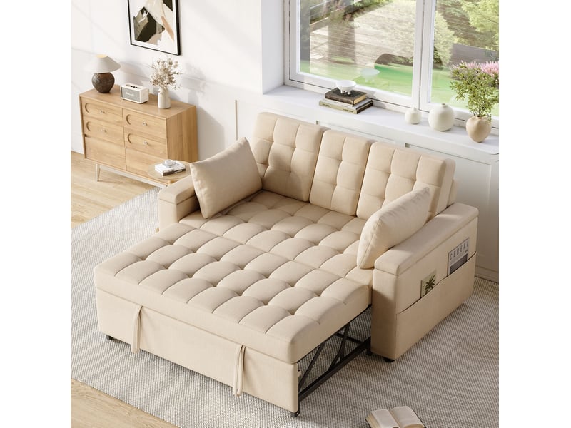  Canapé-lit 2 places 159 x 142,5 cm – beige – dossier réglable, rangements et 2 coussins  - Conforama B