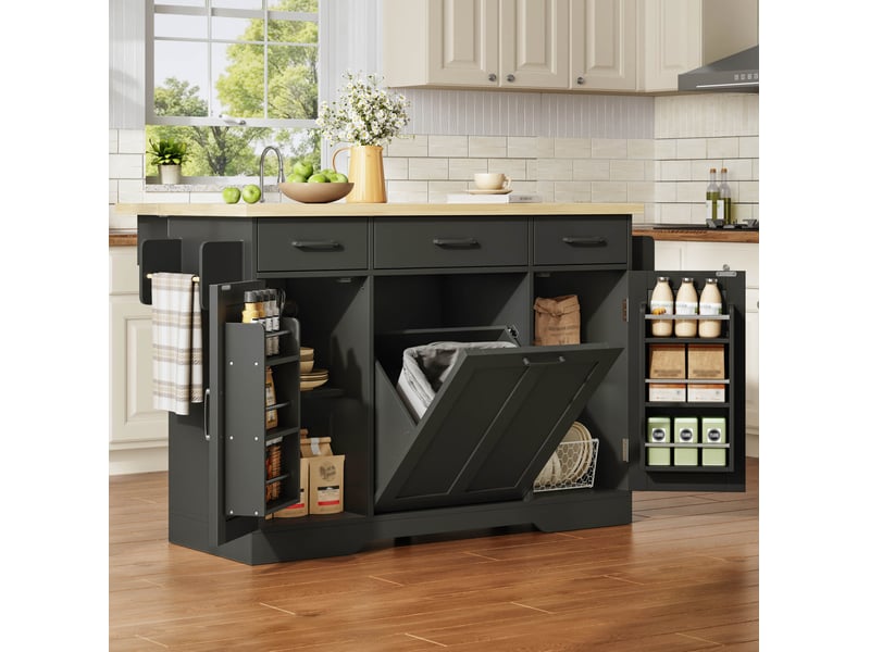 Desserte de cuisine avec plateau rabattable, rangement, poubelle intégrée et roulettes, mdf noir, 120 × 45 (70) × 87 cm - Conforama C
