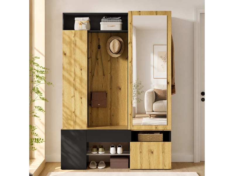  Meubles d'entrée avec miroir, penderie, porte-manteaux et rangement chaussures en mdf 127×35×180,5 cm noir naturel  - Conforama C
