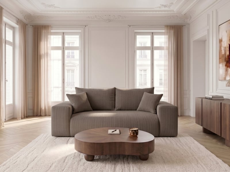  Bobochic canapé droit convertible ouverture express voltaire tissu velours côtelé marron 140x200 VOLTAIRE - Conforama B