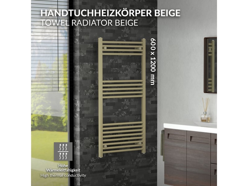 Luxebath sèche-serviettes design sahara 600 x 1200 mm, raccordement latéral, droit, haute conductivité thermique, radiateur mural porte-serviettes pour salle de bain, puissance 530 w, beige mat ECD Germany GmbH - Conforama B