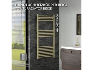 Luxebath sèche-serviettes design sahara 600 x 1200 mm, raccordement latéral, droit, haute conductivité thermique, radiateur mural porte-serviettes pour salle de bain, puissance 530 w, beige mat