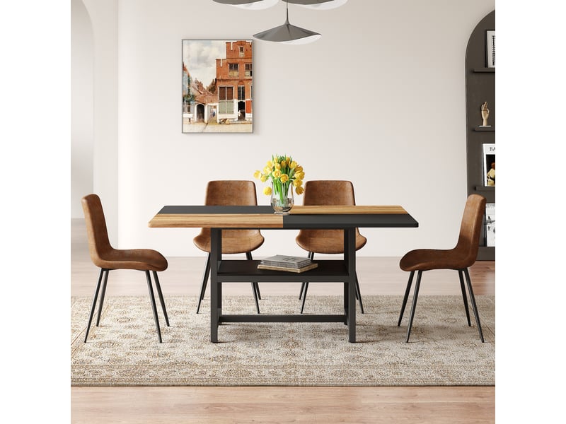  Ensemble table à manger rectangulaire 160 cm avec 4 chaises, étagère intégrée, plateau mdf, tissu marron et métal noir  - Conforama C