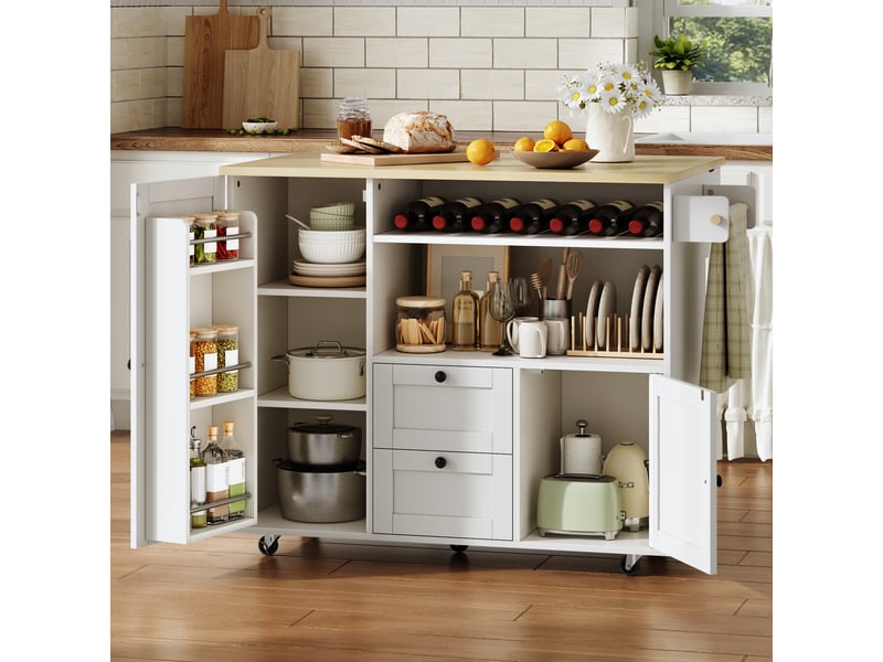  Îlot de cuisine sur roulettes avec plateau pliant, chariot de cuisine blanc et bois, 104x69x89 cm  - Conforama C