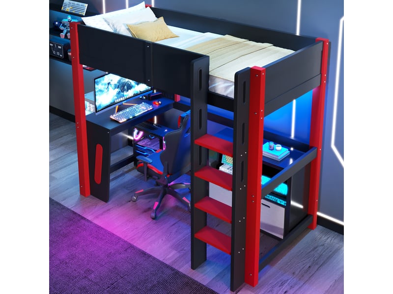  Lit mezzanine, 90 x 200 cm, en pin, avec table, panneau perforé et éclairage led, sans matelas, noir.  - Conforama B