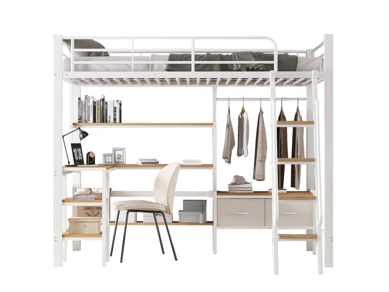  Lit mezzanine 90x200 cm, bureau, rangement et escalier, chambre lit enfant, métal et mdf, blanc et naturel sans matelas  - Conforama A